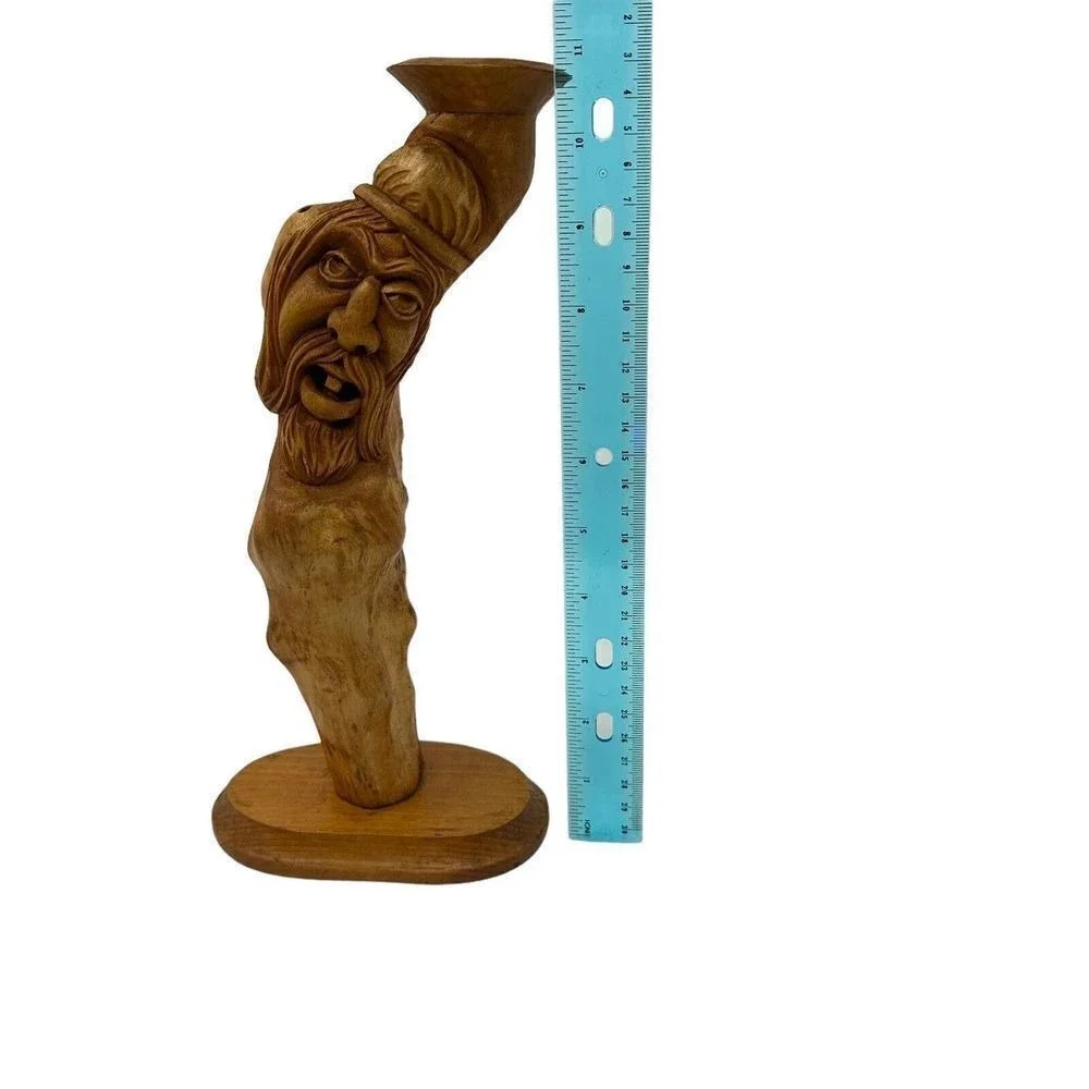 Hand Carved Wood Spirit Wizard Candlestick Holder Folk Art Whimsical Bearded Man